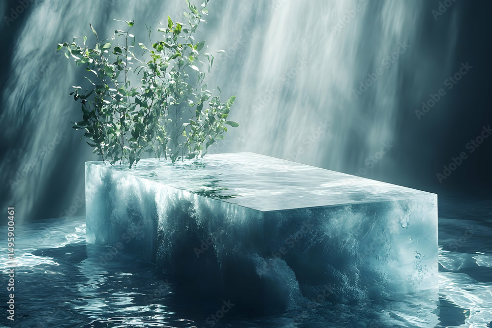 Poster ice cube platform with greenery in a watery environment.