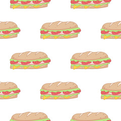 A cute seamless pattern with submarine sandwich with tomatoes, bacon, lettuce and chees. Restaurant delivery packaging template. Great for backgrounds, banner, wrapping paper, fabric, notebook cover.