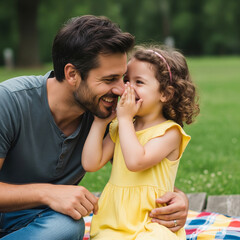Fototapeta premium Father's Day-A father whispering something funny to his child, both figures leaning in.