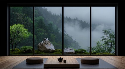 Tranquil mountain view from a modern zen-style room