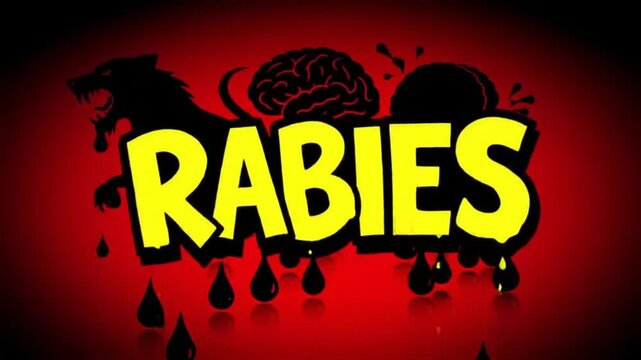Rabies Animation with Bold Text, Snarling Animal Shadows, Saliva Droplets, and Brain Outlines on a Red-Black Background

