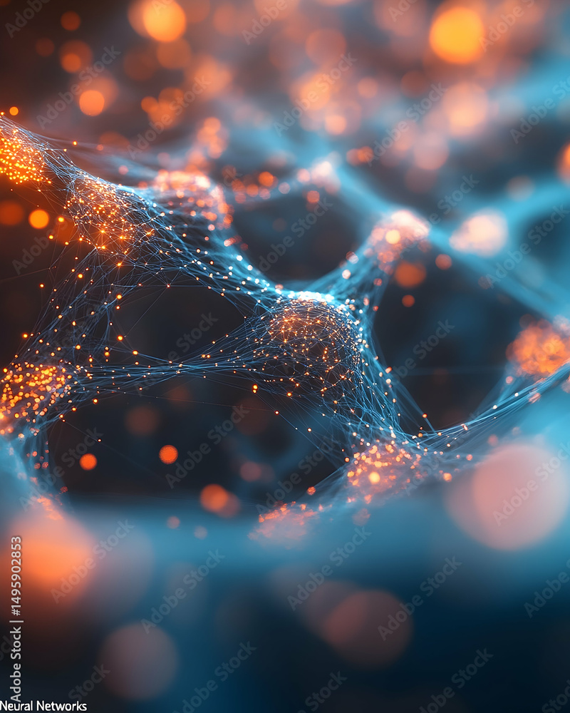 Poster intricate network of glowing points and lines.