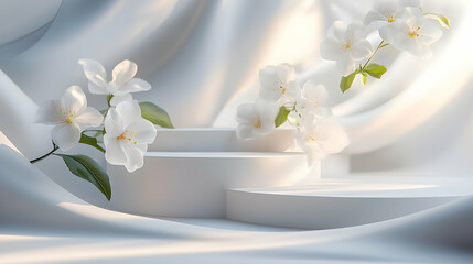 White flowers on a soft white background with podium.