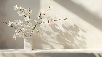 Delicate white blossoms in a simple vase, bathed in sunlight.