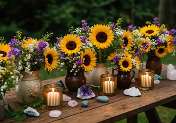 Rustic wooden table decorated wildflowers and sunflowers burning candles and crystals stones arrangement for Ivan Kupala. Altar for Pagan solstice folk tradition holiday and nature magic ritual.
