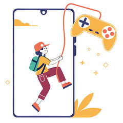 Mobile gaming adventure climber reaching virtual peak