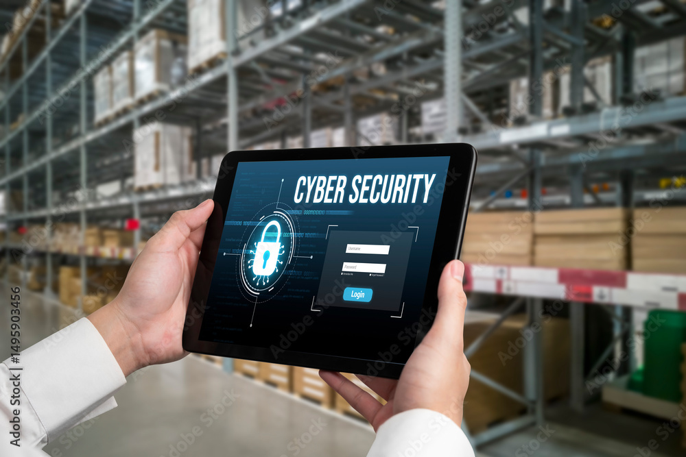 Poster cyber security system on computer screen protect private information snugly from hacker and cyber at
