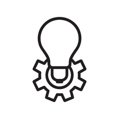 a black outline vector of a gear with bulb icon on white background.
