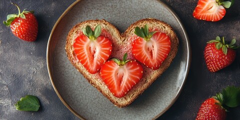 Heart-shaped toast topped with fresh strawberries arranged beautifully on a plate