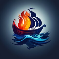 Obraz premium Colorful abstract illustration of a ship with flames sailing on blue waves in a dark background
