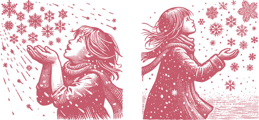 Vintage Engraving Style Illustration of a Pink Girl Catching Snowflakes – Retro Woodcut Design, Hand-Drawn Winter Scene, Antique Etching Effect, Whimsical Seasonal Artwork