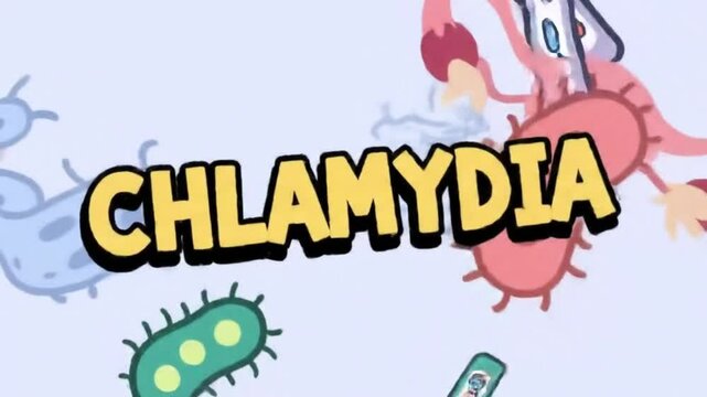 Chlamydia Animation with Cartoon Text, Reproductive System Icons, Bacteria Shapes, and Test Kits on Lavender Background

