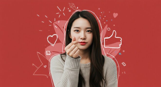Woman making heart gesture on red background with love and social media icons - Powered by Adobe