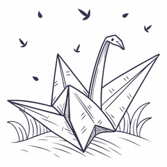 Hand drawn origami crane in grass with falling leaves