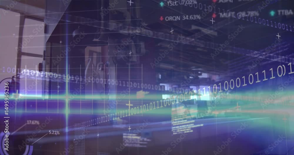 Poster opening shot starting binary streams sweeping scene with pulsing metrics graph showing performance