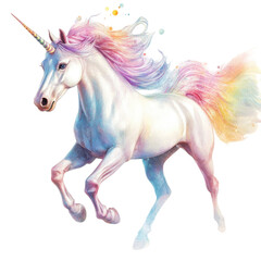 Majestic Unicorn with Colorful Mane in a Whimsical Setting on transparent background