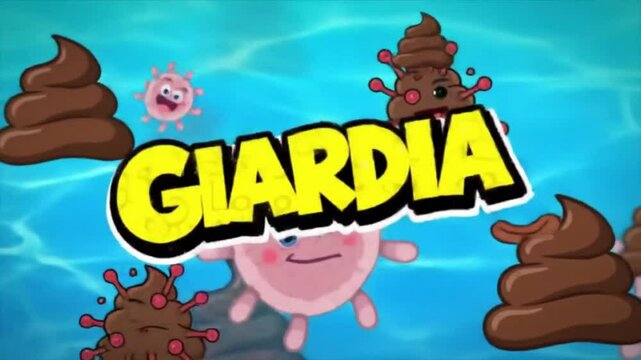 Giardia Animation with Cartoon Text, Microscopic Parasites, Poop Icons, and Diarrhea Visuals on a Watery Blue Background

