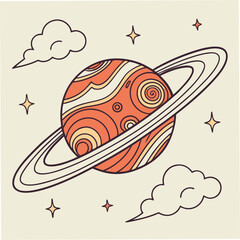 Stylized saturn planet illustration with rings and clouds, transparent background