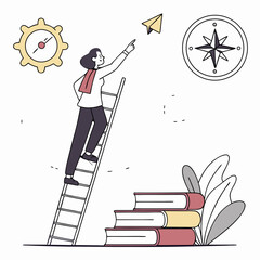 Woman climbing ladder reaching for paper airplane goal success © RABBYMIA