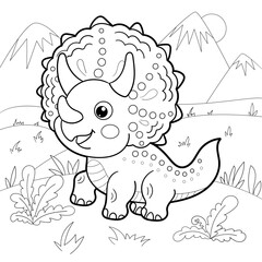 Cute little dinosaur triceratops walking on the grass. Black and white line drawing. Isolated on white background. For children's design of coloring books, prints, posters, cards, stickers, etc. Vecto