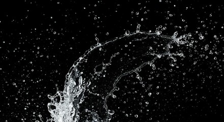 Dynamic splash of water droplets on black background - fluid motion and abstract aesthetic for design
