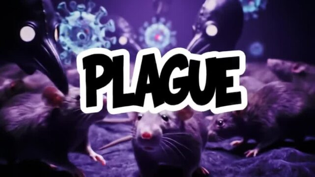 Plague Animation with Cartoon Text, Rats, Medieval Masks, and Yersinia Pestis Bacteria in a Black and Purple Gothic Theme

