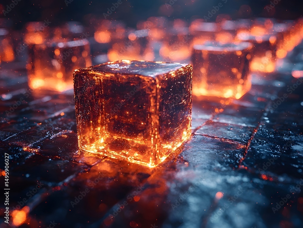 Poster glowing blockchain cubes in a surreal digital universe