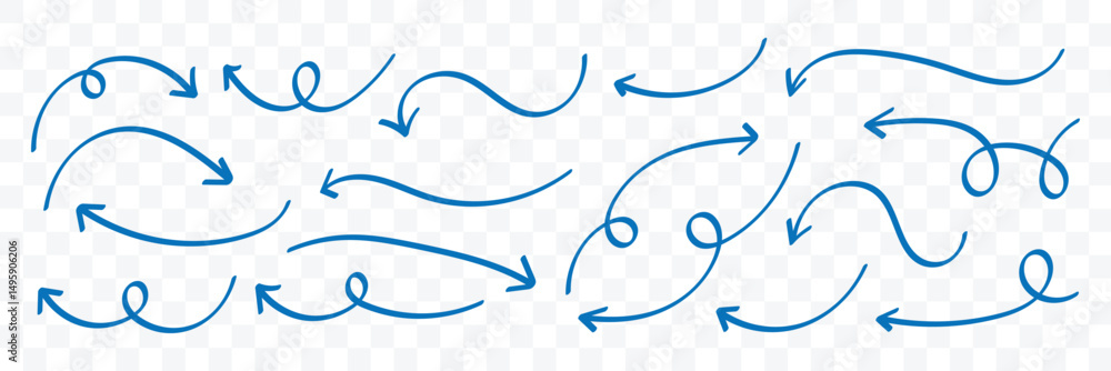 Poster curved arrow icons set. set of simple of hand drawn blue arrows. collection of pointers.