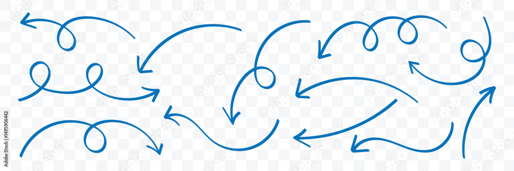 Poster curved arrow icons set. set of simple of hand drawn blue arrows. collection of pointers.