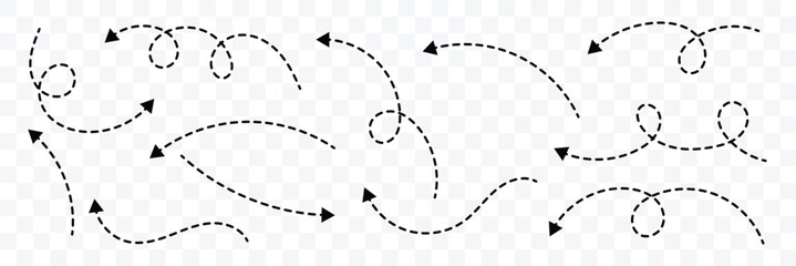 Set of simple lines hand drawn doodle arrows. Hand drawn dotted arrows. Curved dotted arrow. Sketch doodle style. Vector illustrator