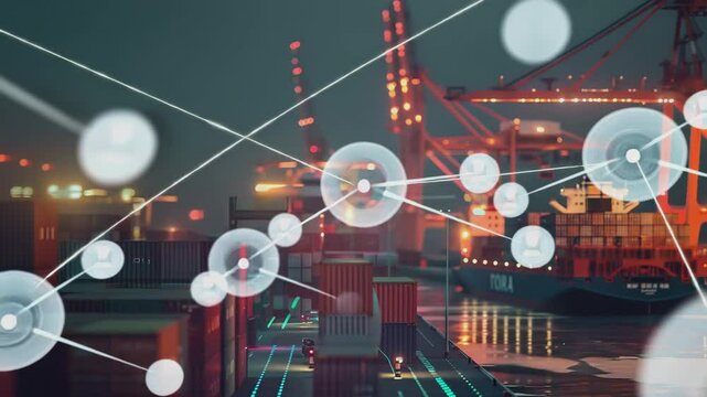 A central navigation pin with a sparkling quantum particle in pin with iridescent lines projecting out, connected to small animations of a container ship, Generative AI Videos.