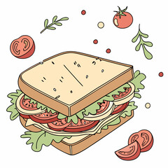 Delicious sandwich illustration with tomatoes and lettuce on white background