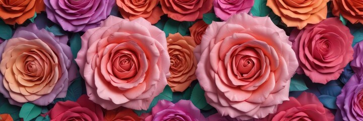 Gradient paper rose backdrop, vibrant hues, floral texture,  overhead, paper roses