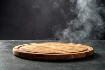 Obraz premium empty wooden platform with smoke float up on dark&nbsp;background