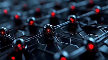 A close up of a dark metallic network with red lights connecting at the nodes and hexagonal pattern