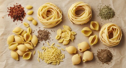 Different Types of Dried Pasta and Spices on Neutral Background