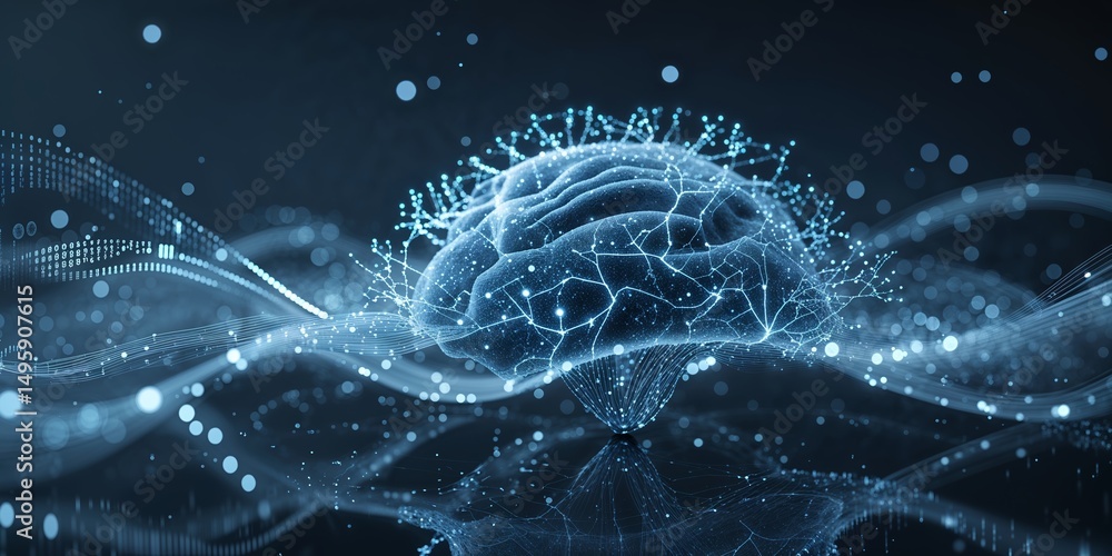 Poster Digital representation of a brain surrounded by data patterns and glowing lines in a futuristic setting