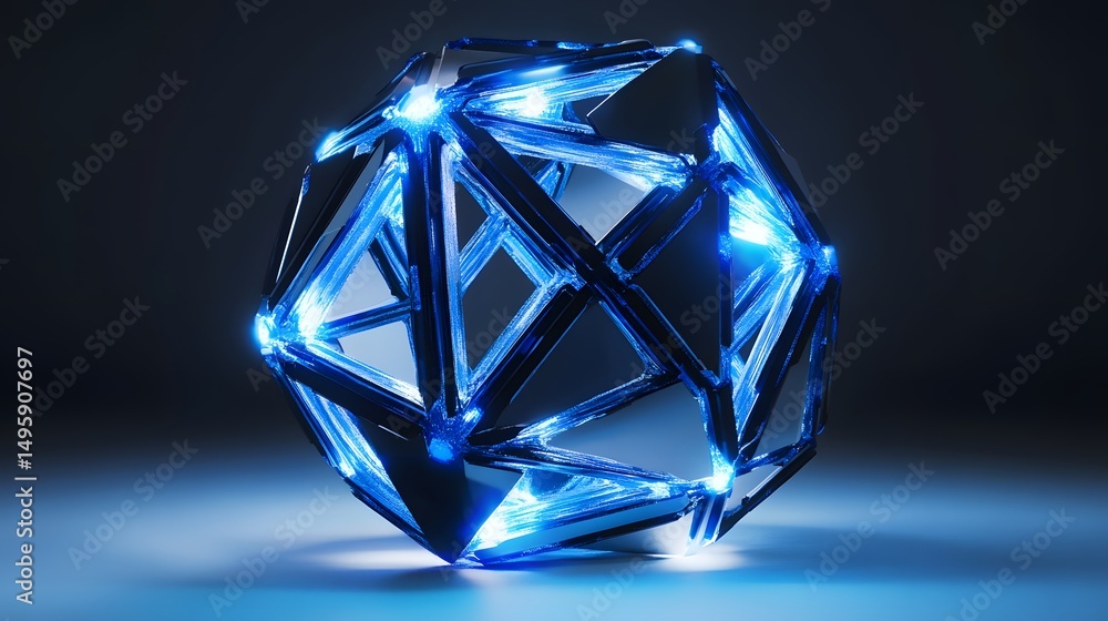 Aufkleber abstract geometric shape with blue glowing edges and points on a dark gradient background
