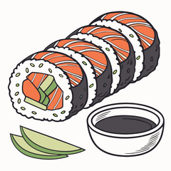 Delicious salmon sushi rolls with avocado and soy sauce