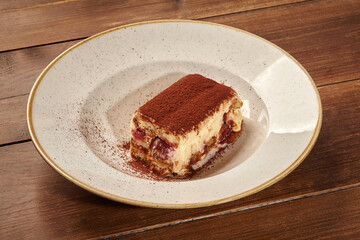Delicious tiramisu cake with cocoa powder on elegant plate: indulging in sweet treat