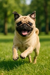 Happy pug runs joyfully in a green park on a sunny day, showcasing its playful spirit and adorable features