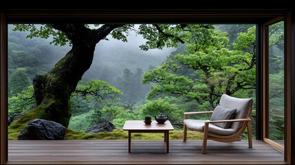 Tranquil mountain vista from a modern Japanese-style room