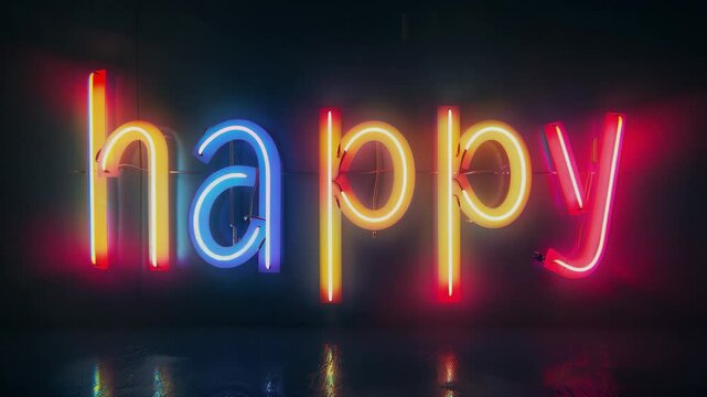 A word "happy" in colorful LED neon flex tube, light signage, black wall background, studio set up, Generative AI Videos.
