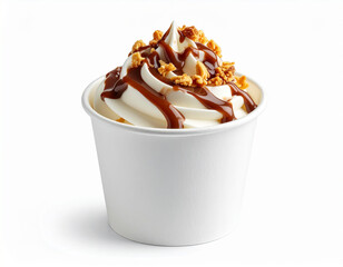 vanilla frozen yogurt swirl with chocolate syrup and crispy bits, served in plain white paper cup, white isolated background, clean dessert mockup