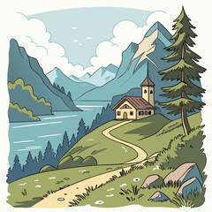 Scenic lakeside chapel mountain view hiking trail summer