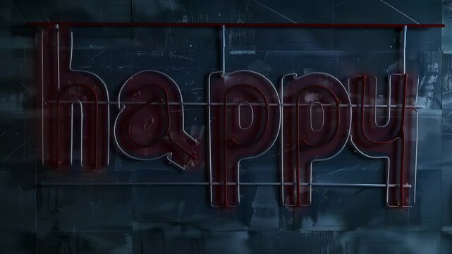 A word "happy" in colorful LED neon flex tube, light signage, black wall background, studio set up, Generative AI Videos.
