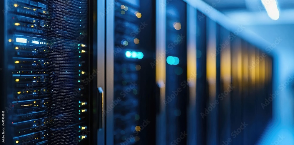 Poster Close-up of modern server hardware with illuminated indicator lights and blurred corridor background, ideal for visualizing data storage, cloud networks, or digital security infrastructure