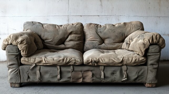 Dilapidated couch, heavily soiled