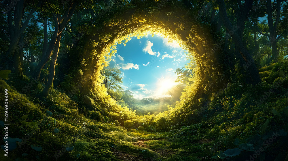 Poster sunlight filters through a circular opening in a lush forest.
