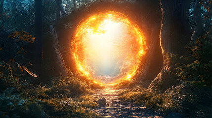 Fototapeta premium Fiery portal opening in a dark forest.